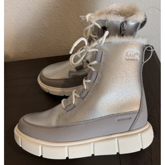 Sorel Explorer Big Kids Size 5  Lace Up Waterproof Winter Boots, Silver, - Picture 6 of 11